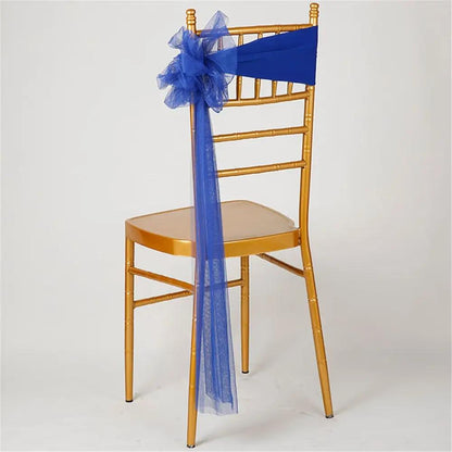 a chair with a blue chair sash on it