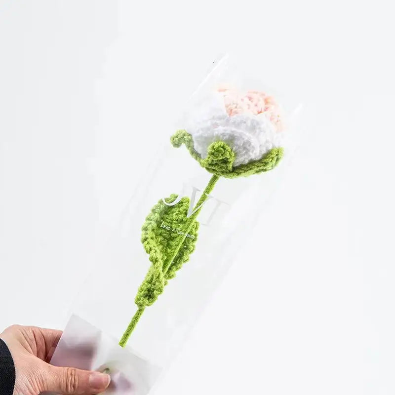 a person holding a plastic container with a flower in it