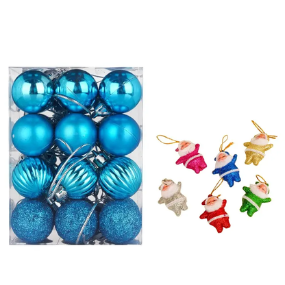 a box filled with blue and green ornaments
