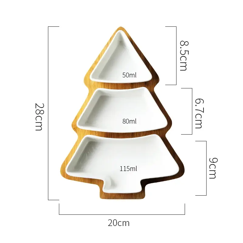 a white and wooden christmas tree shaped dish
