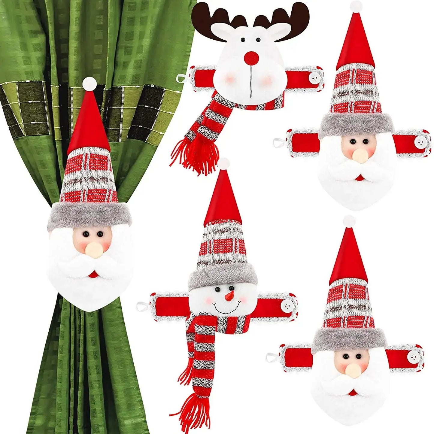 a set of four christmas gnomes hanging from a curtain