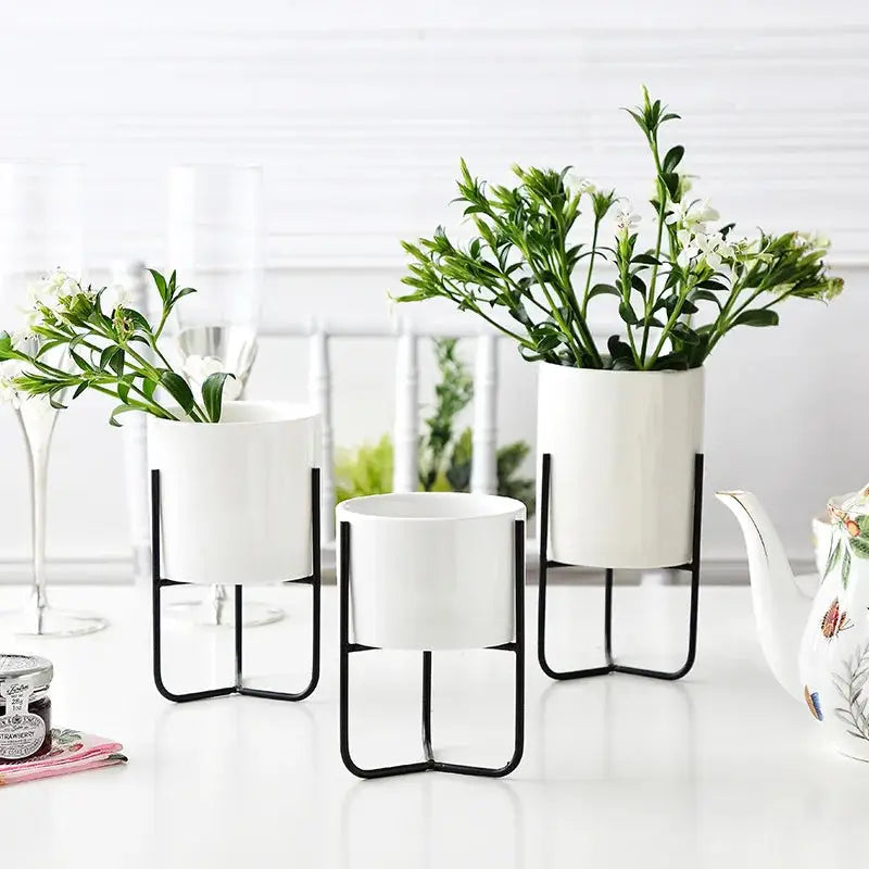 a white table topped with three white vases filled with plants