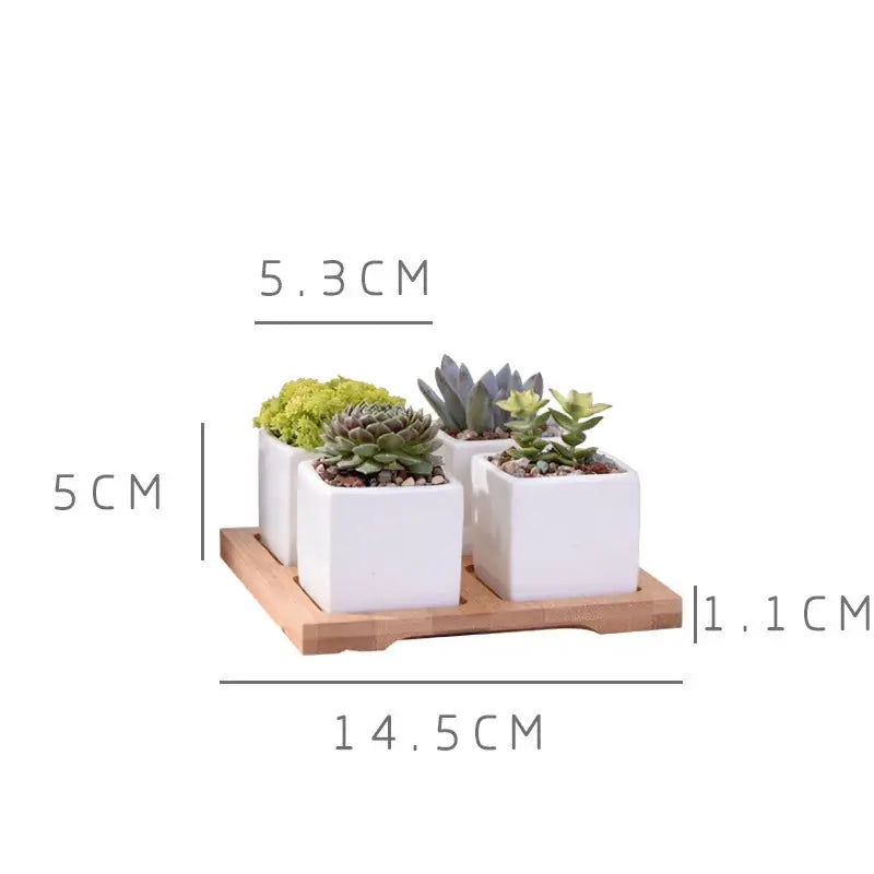 a couple of white planters sitting on top of a wooden shelf