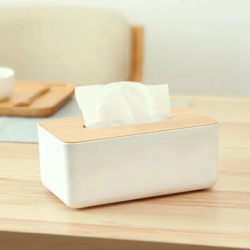 a tissue dispenser sitting on a wooden table