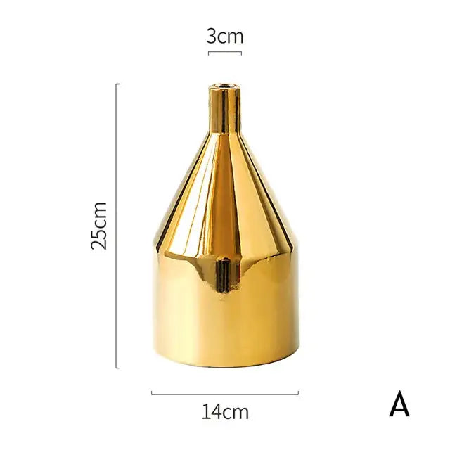 a gold metal cone shaped vase with measurements