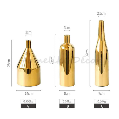 three sizes of brass vases with measurements