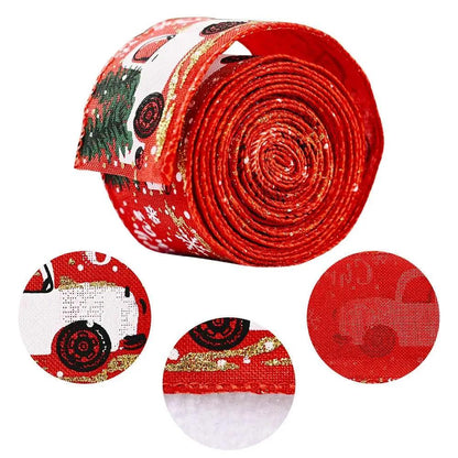 a roll of red sequinized ribbon with christmas trees on it