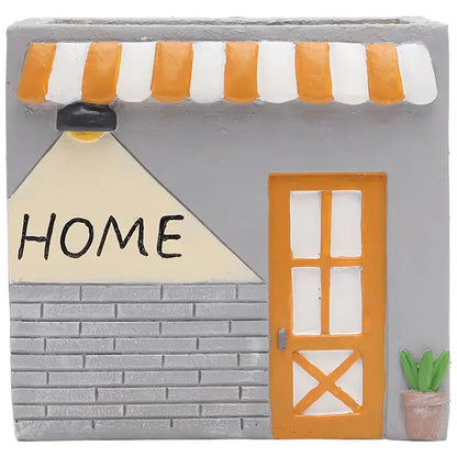 a gray and orange house with a sign that says home
