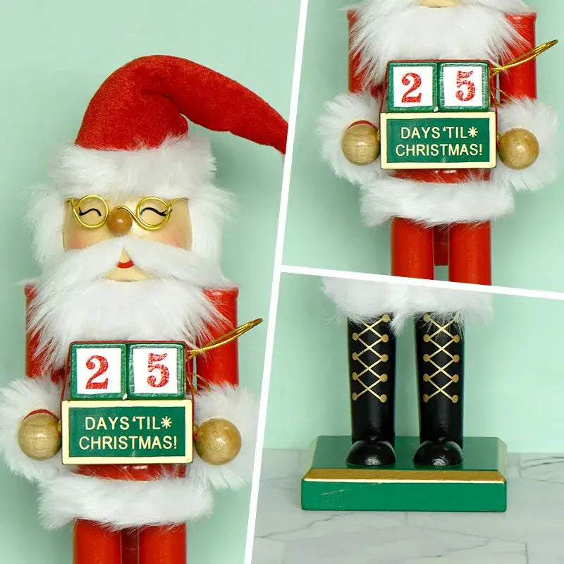 a wooden nutcracker with a santa hat and glasses