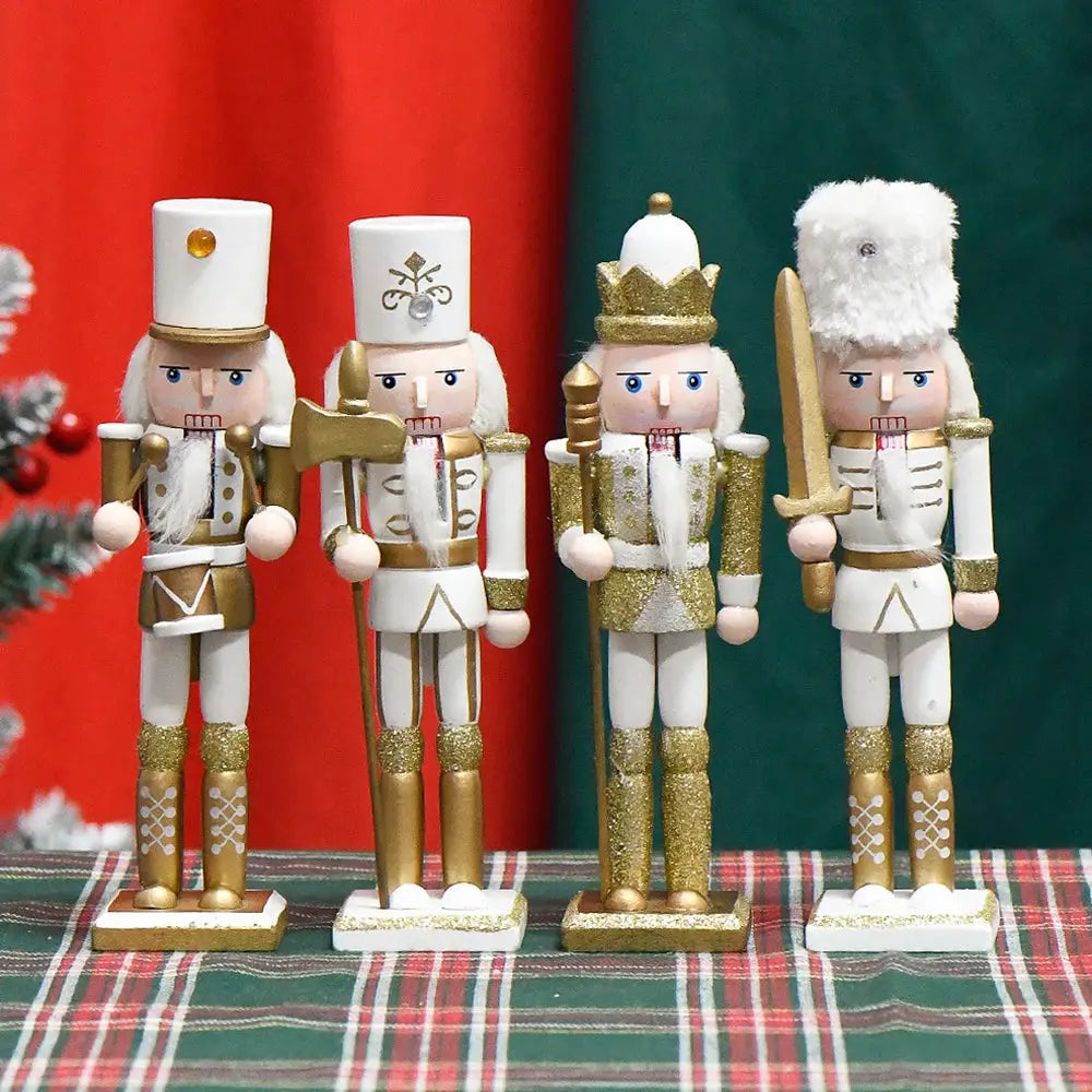 a group of nutcrackers standing next to a christmas tree