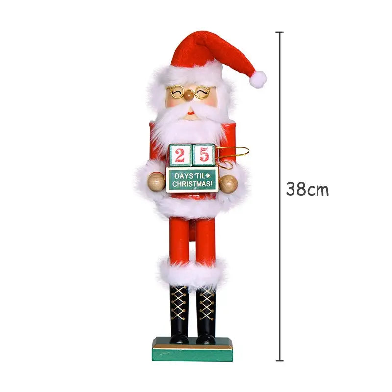 a wooden nutcracker with a santa hat and glasses