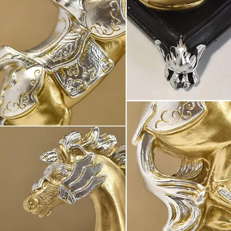 a gold and silver horse head on a table