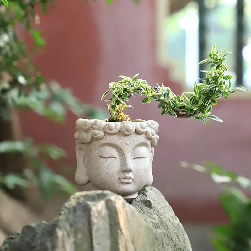 a stone statue with a plant growing out of it