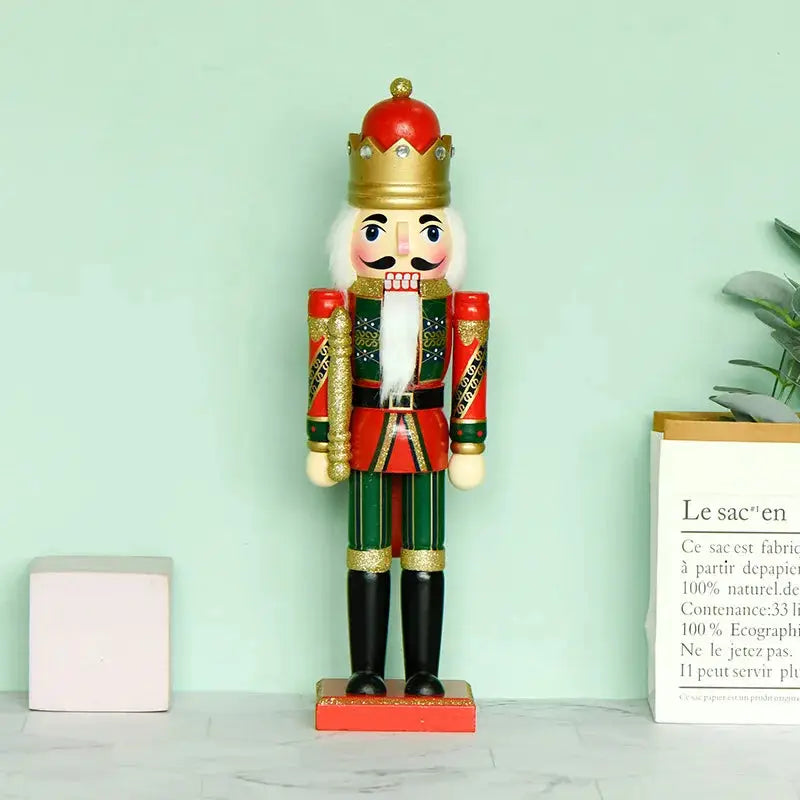 a wooden nutcracker on a shelf next to a sign