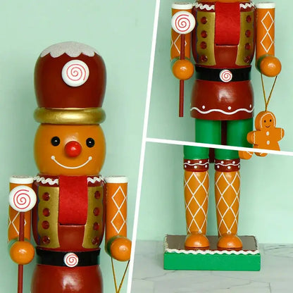 a wooden nutcracker with a candy cane in his hand