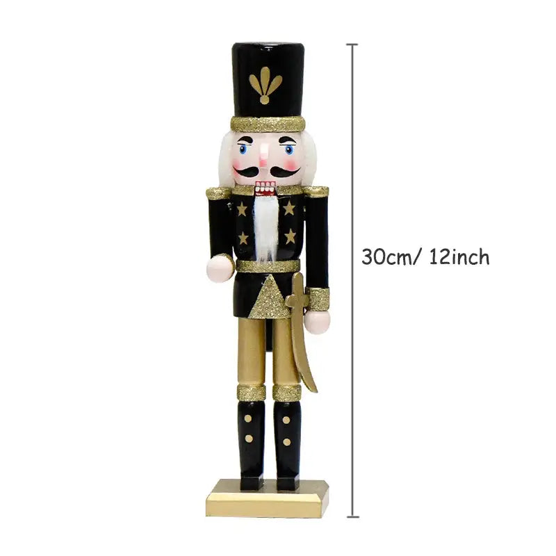 a wooden nutcracker with a black and gold outfit