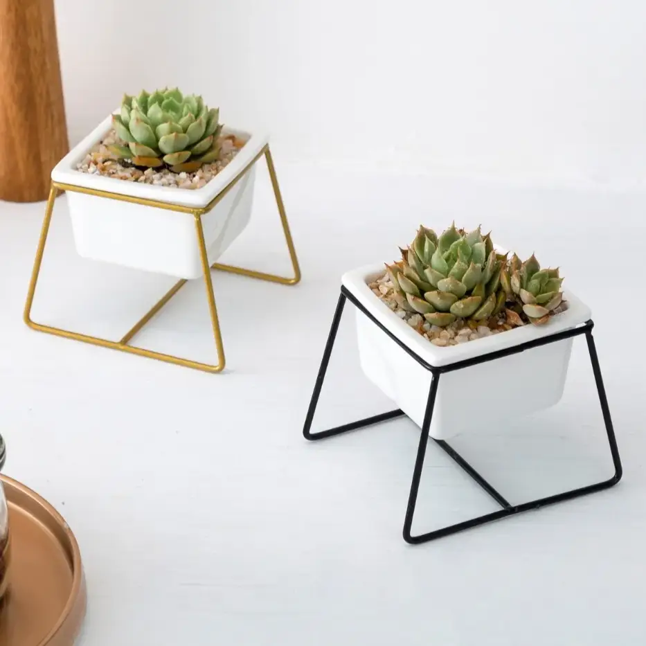 a couple of small white planters sitting on top of a table