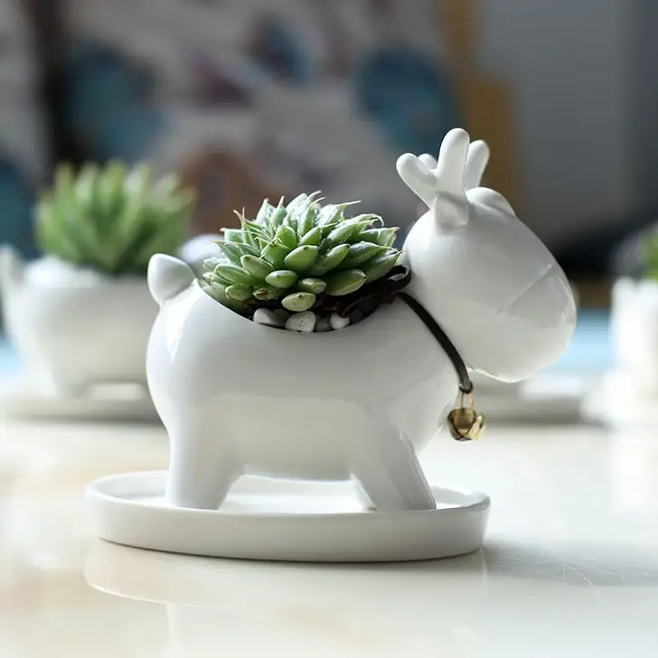 a small white deer planter with a succulent in it